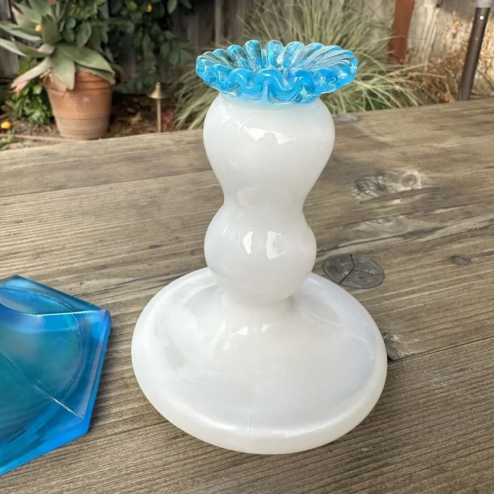 Fenton Celeste Blue Stretch Glass and Aqua Crest Candle holders Mantel Decor